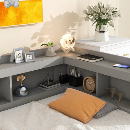 Twin Bed with L-Shaped Bookcases and Two Drawers,Solid Wood Platform Bed Frame with Bookcases Headboard and Wood Slats Support,Twin Size Daybed Frame for Bedroom Living Room,No Box Spring Needed,Gray