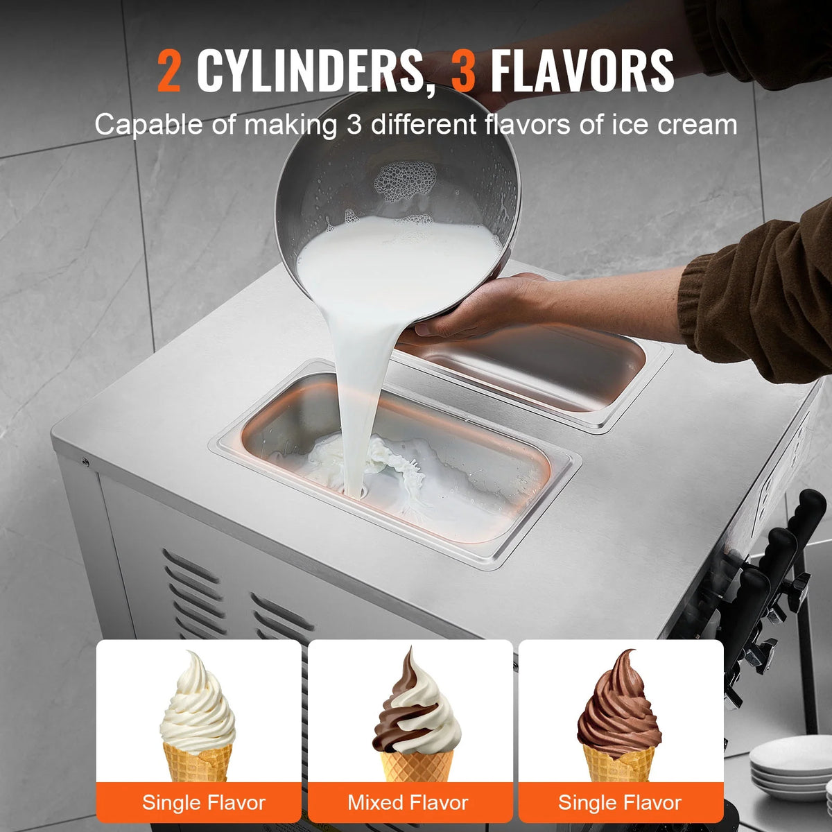 KFFKFF Commercial Soft Ice Cream Machine 21-31 L/H Output 3-Flavor  LED Display Auto Clean 4.3L/1.1GAL Hopper ,1.7L/0.45gal Cylinder