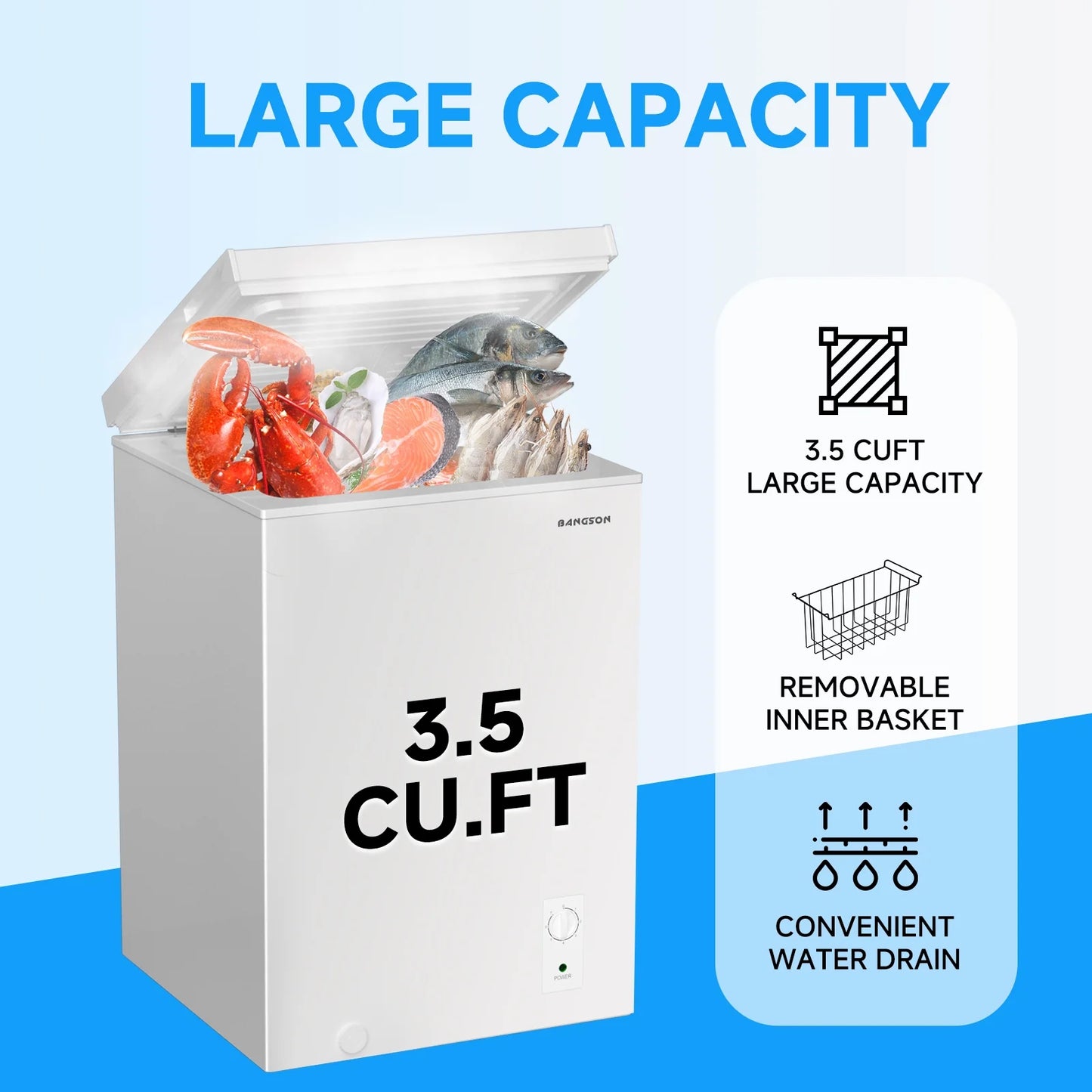 BANGSON 3.5 Cubic Feet Chest Freezer,Deep Freezer With Removable Basket,Adjustable Temperature for Home/Dorms/Apartment/Office