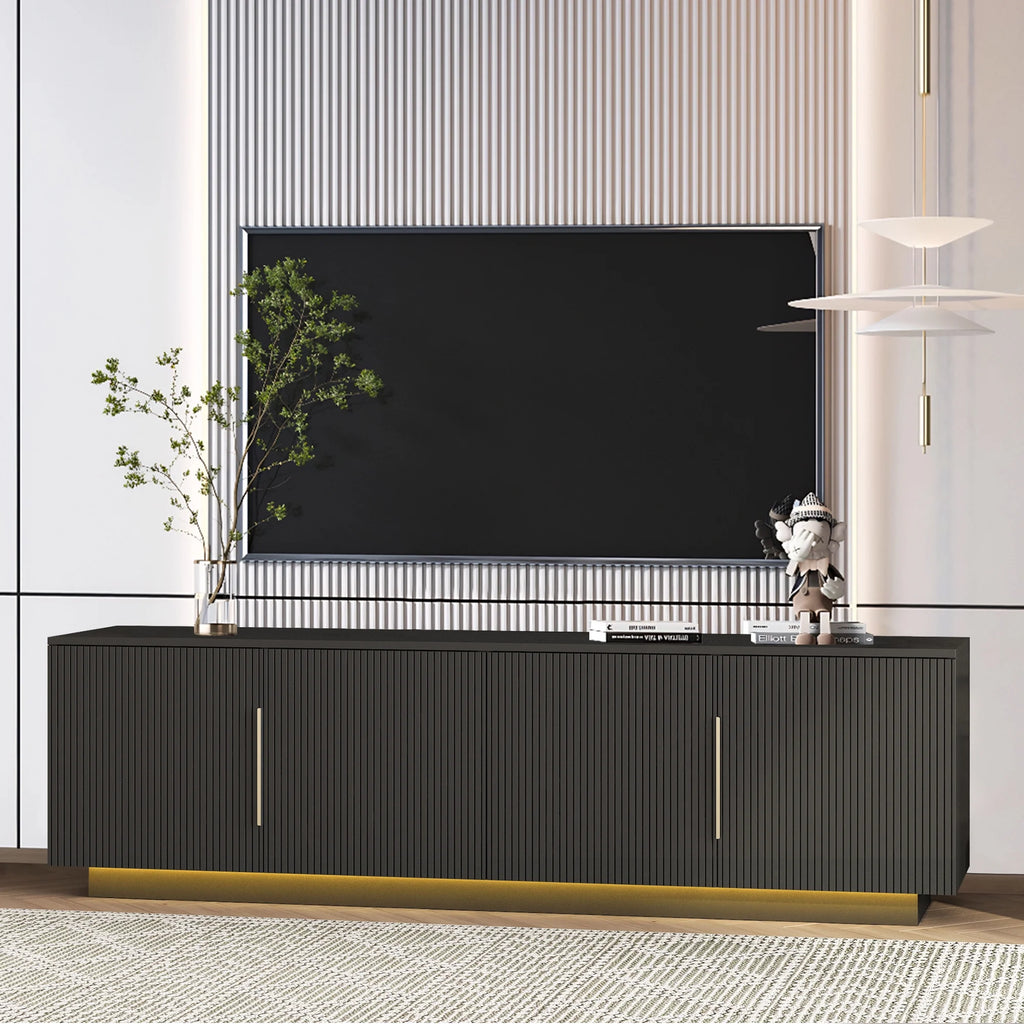 HIUU Fluted TV Stand Black,Black TV Console for Living Room,Mid Century Modern Entertainment Center 65 Inch TVs,Luxury Retro Console Table