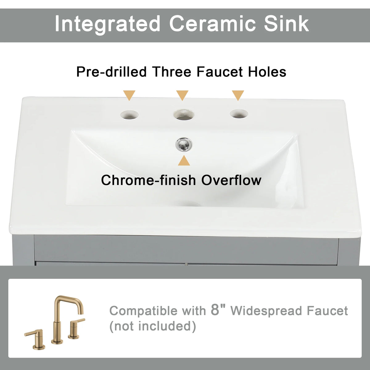 Soges 24" Bathroom Vanity with Ceramic Sink, Solid Wood Bathroom Makeup Cabinet with Door, Adjustable Shelf and 2 Drawer, Free Standing Single Basin Vanity Set for Small Bathroom, White