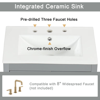 Soges 24" Bathroom Vanity with Ceramic Sink, Solid Wood Bathroom Makeup Cabinet with Door, Adjustable Shelf and 2 Drawer, Free Standing Single Basin Vanity Set for Small Bathroom, White