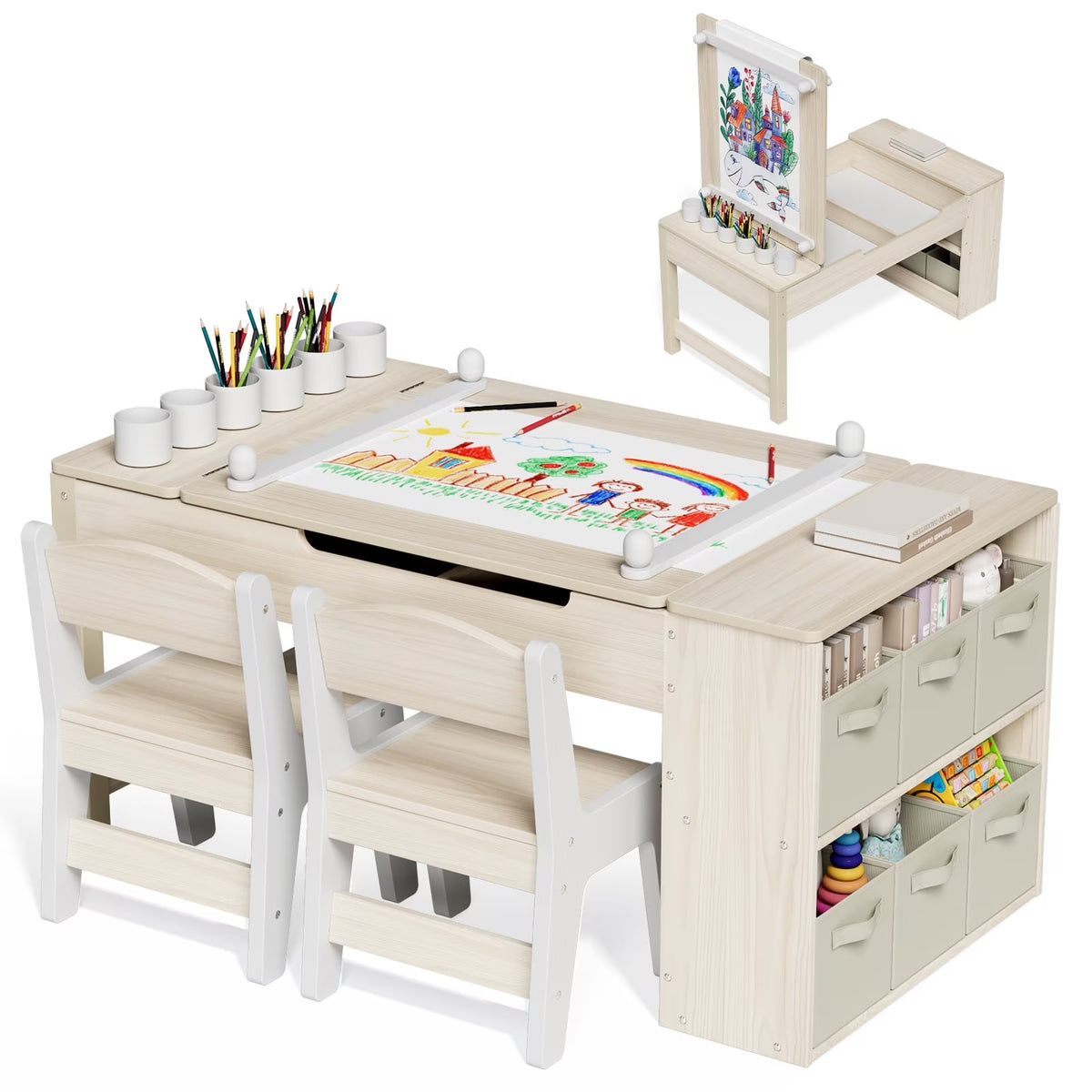 LAZY BUDDY Kids Art Table and 2 Chairs Set, 2 in 1 Easel & Toddler Craft Table and Chairs Set with Storage Bins, Paint Cups and Paper Roll, Activity Table Set for Children 3+
