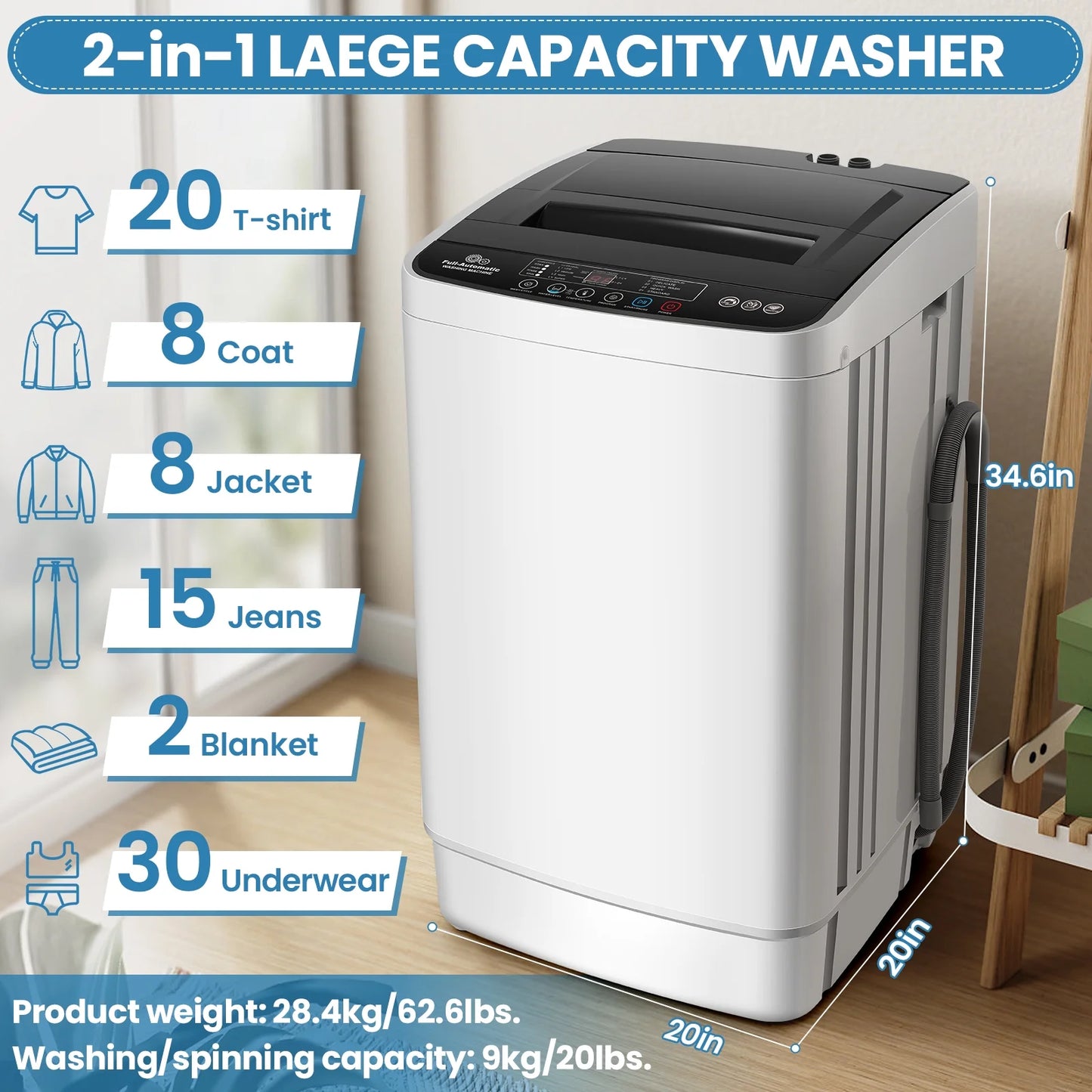 Veeboto 20lbs Fully Automatic Washing Machine, Washer Machine with 10 Wash Programs/8 Water Levels, Portable Washing Machine with LED Display & 1 Adjustable feet, White