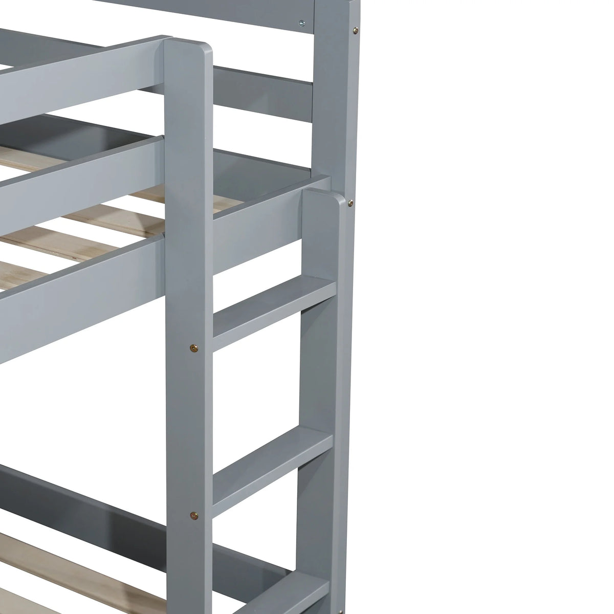 Twin Over Twin Floor Bunk Bed, UHOMEPRO Solid Wood Low Bunk Bed with Safety Rail, Ladder, Heavy Duty Bunk Beds, Space-Saving Bedroom Dorm Furniture, Gray