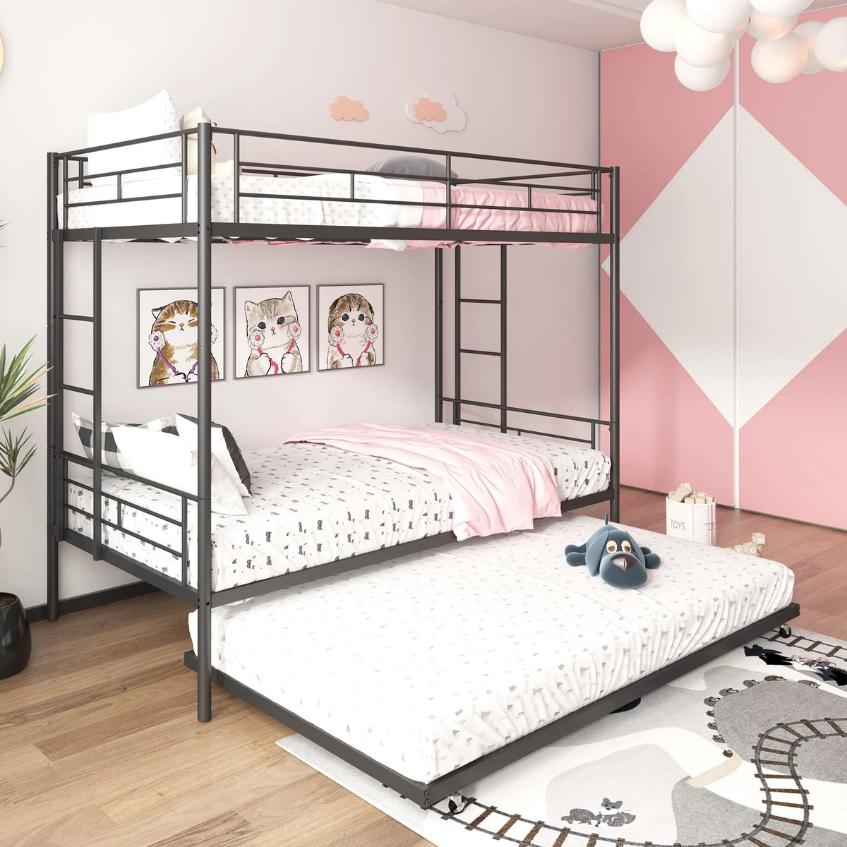 Seizeen Bunk Bed Twin Over Twin Size, Metal Triple Bunk Bed with Trundle, Black Heavy Duty Bunk Bed Frame Per Bed Up to 400LBS, 2 Side Ladders and All-round Safety Guard Rails
