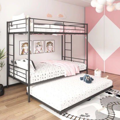 Seizeen Bunk Bed Twin Over Twin Size, Metal Triple Bunk Bed with Trundle, Black Heavy Duty Bunk Bed Frame Per Bed Up to 400LBS, 2 Side Ladders and All-round Safety Guard Rails