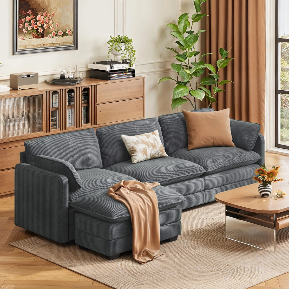 Lofka 110�� Modular Sectional Sofa Bed with Double Layer Cushions and Movable Ottoman, Modern Comfy Cloud Couch for Living Room, DIY Combination, Green
