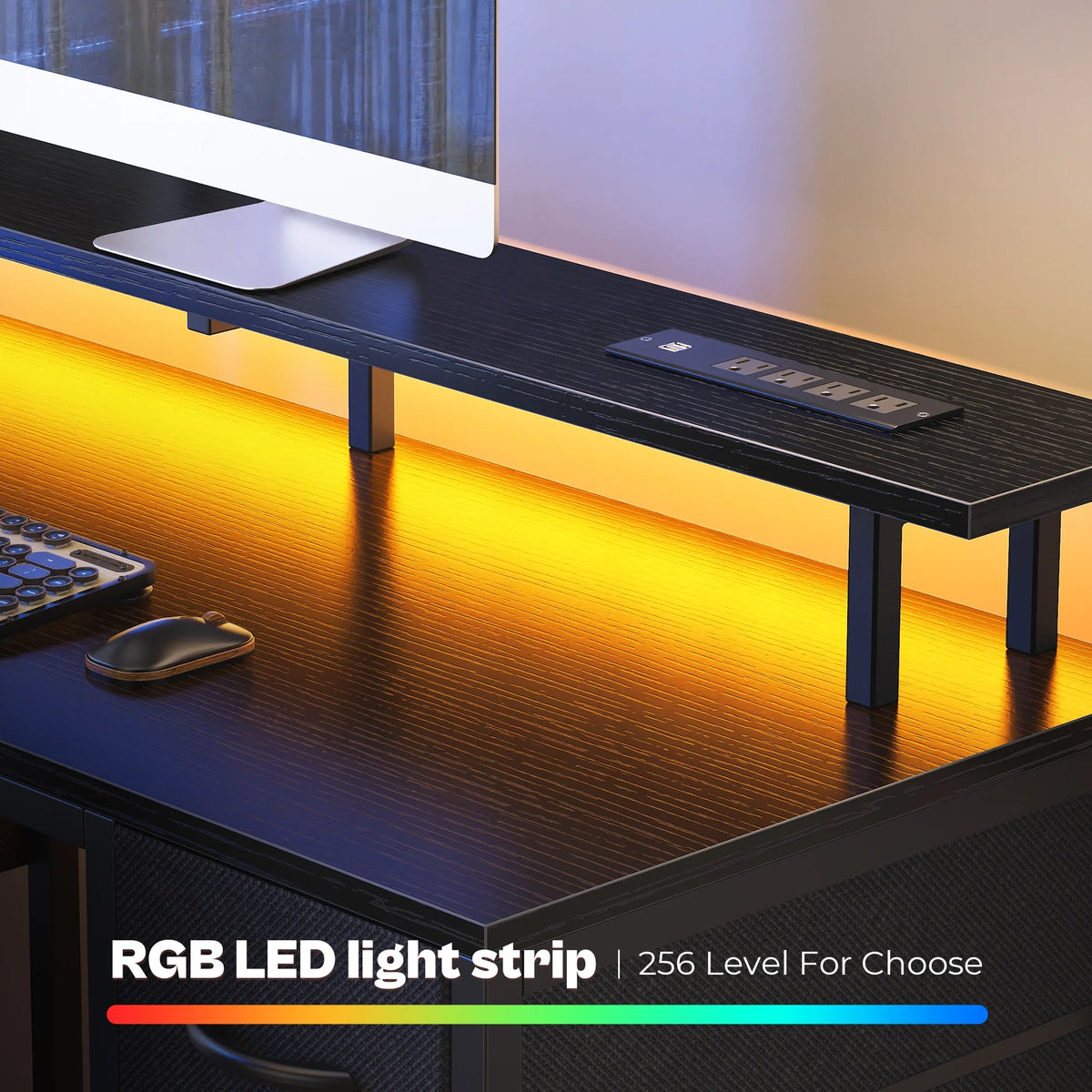 55.1" LED Gaming Desk with Drawers, Computer Desk with Outlets, Office Desk with 4 Drawers, Corner Desk, Writing Desk in White