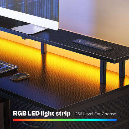 55.1" LED Gaming Desk with Drawers, Computer Desk with Outlets, Office Desk with 4 Drawers, Corner Desk, Writing Desk in White