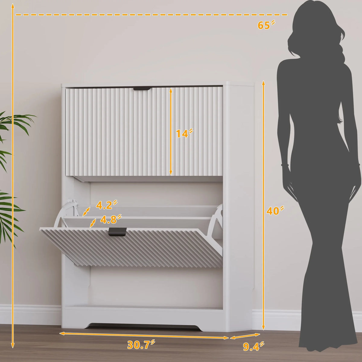 FANRAL Shoe Cabinet with 2 Flip Drawers & Open Storage,Fluted Shoe Storage Cabinet Rack Organizer with Adjustable Shelves for Entryway,Closet,Hallway,White