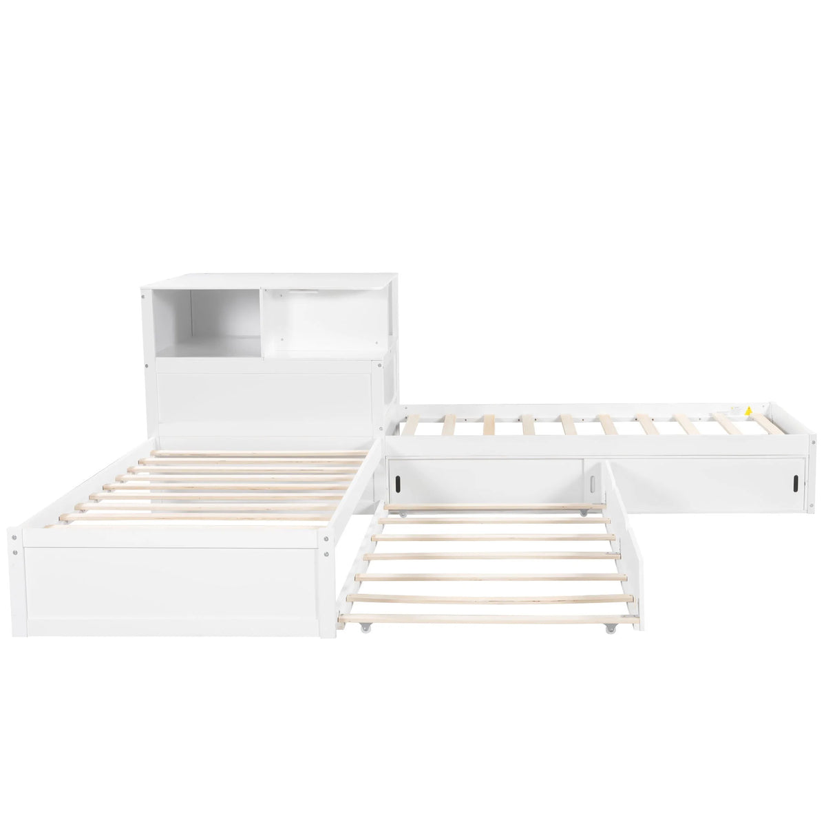 Euroco Pine Wood L-Shaped Twin Platform Bed with Storage Desk, Cabinets, Trundle and LED Light for Kids Teens, Gray