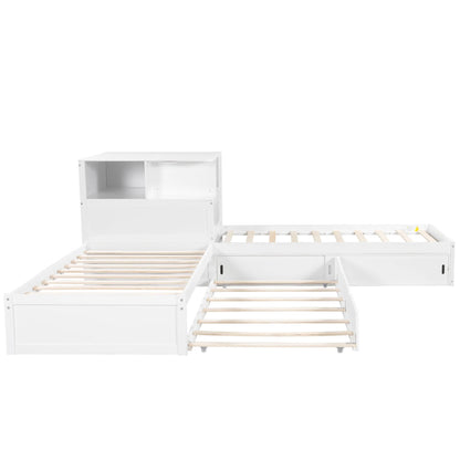 Euroco Pine Wood L-Shaped Twin Platform Bed with Storage Desk, Cabinets, Trundle and LED Light for Kids Teens, Gray