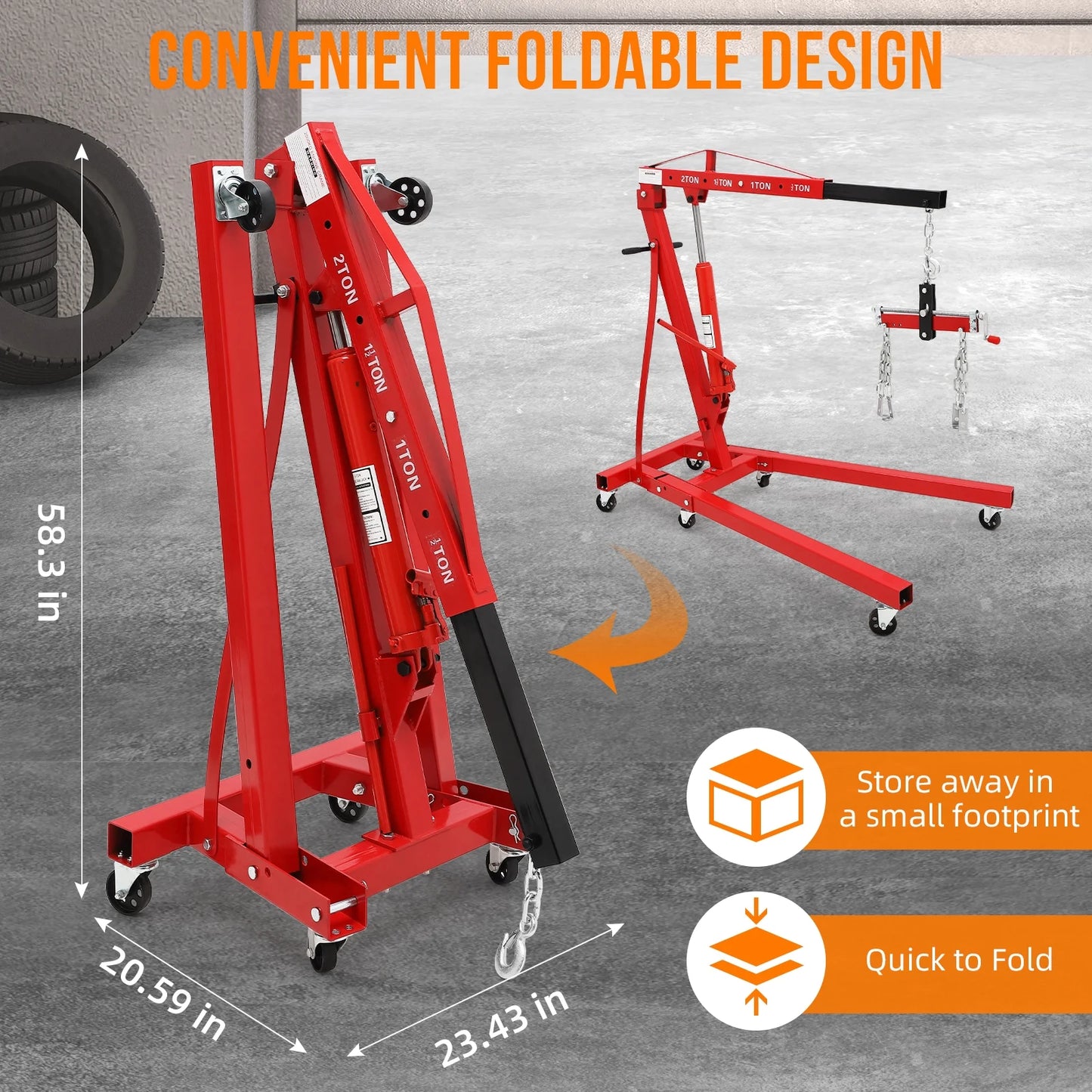 GARVEE 2 Ton Folding Hydraulic Engine Hoist with Lever,Folding Engine Shop Crane Hoist Lift,Heavy Cherry Picker with 6 Wheels for Garage,Workshop,Yellow