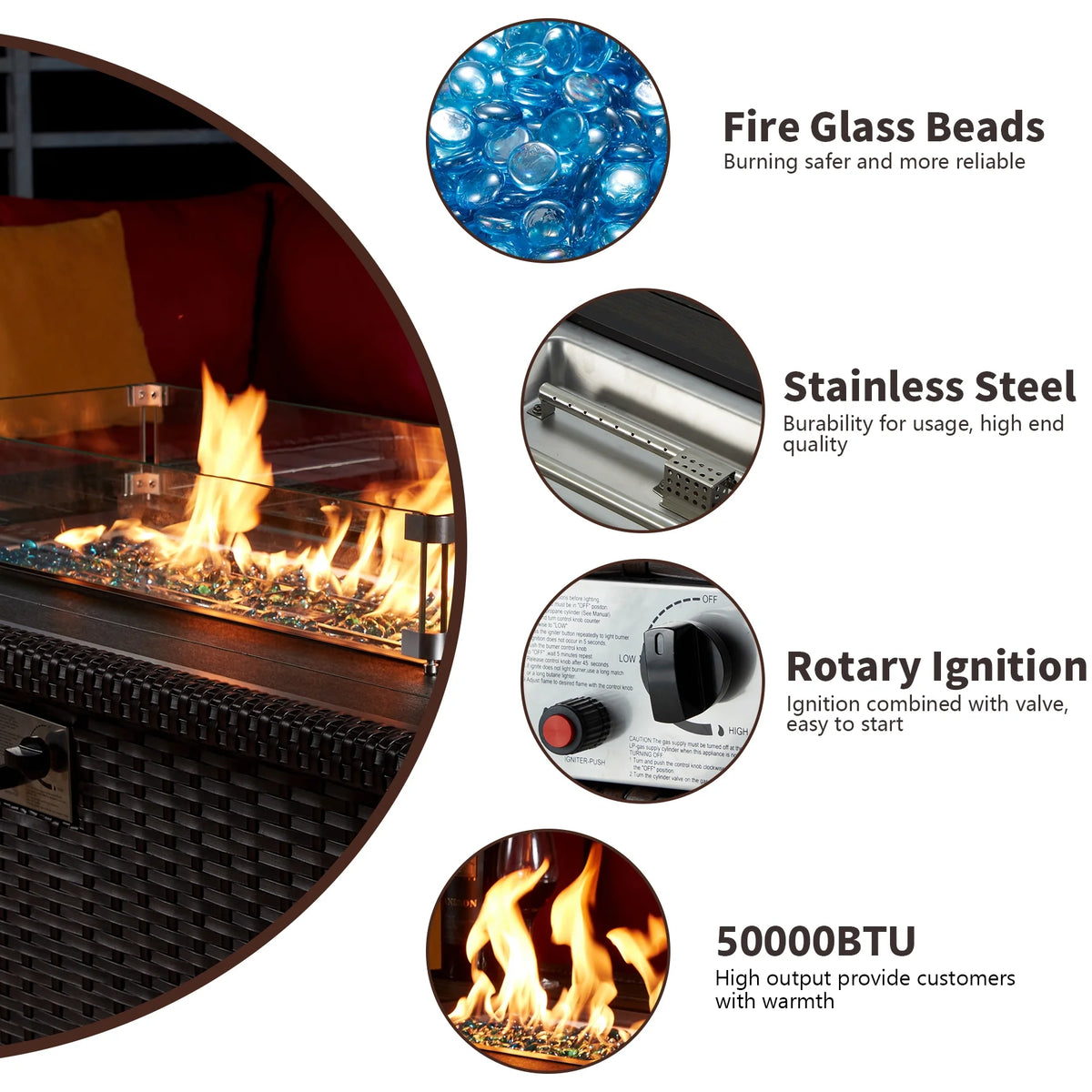 HOMREST Propane Fire Pit Table, 44 Inch 50,000 BTU Auto-Ignition Gas Fire Pit Table Rectangular /w Glass Wind Guard, Wood Plastic Composites Tabletop, CSA Certification Firepit for Outdoor Patio Lawn