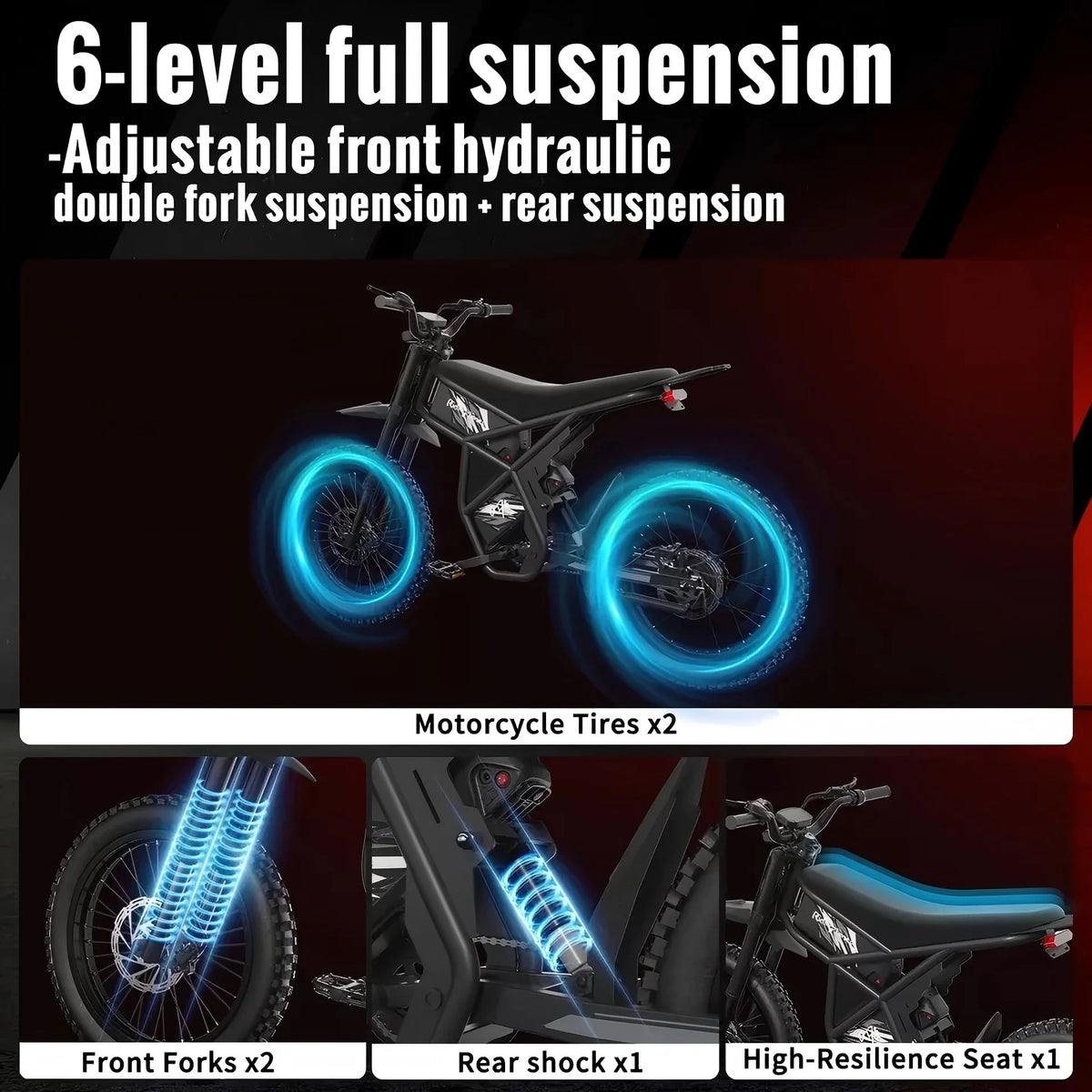 Ridingtimes GT73 Electric Motorbike  2400W 48V 18.2AH*2 Electric BIKE with 25" tires digital screen Carbon Steel,BLACK