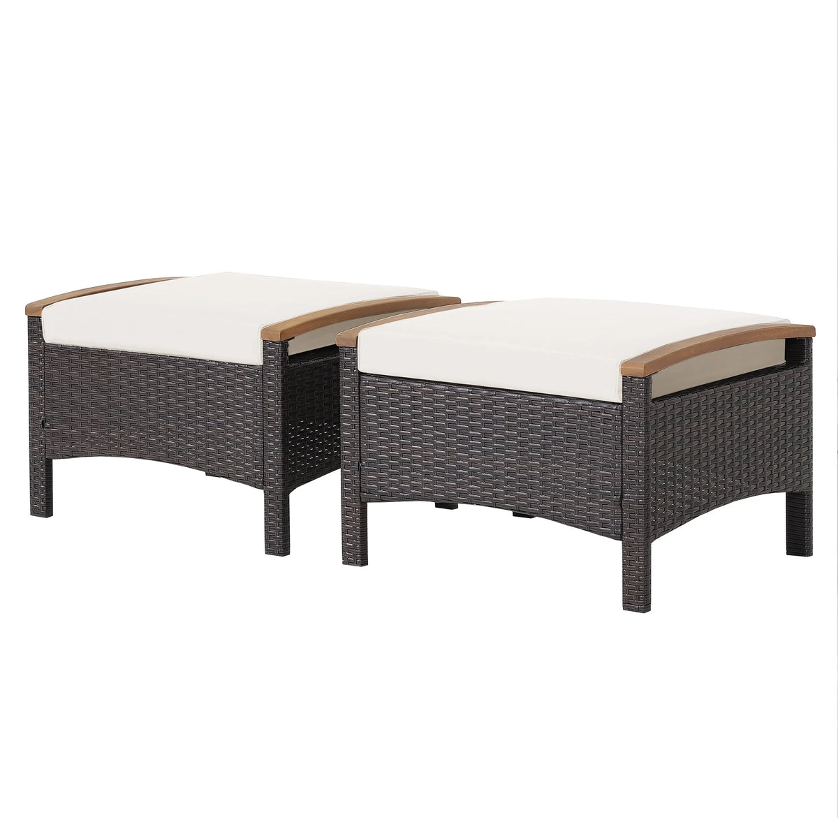 Costway Set of 2 Patio Rattan Ottoman Footrest Cushions Wooden Handle Beige