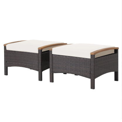 Costway Set of 2 Patio Rattan Ottoman Footrest Cushions Wooden Handle Beige