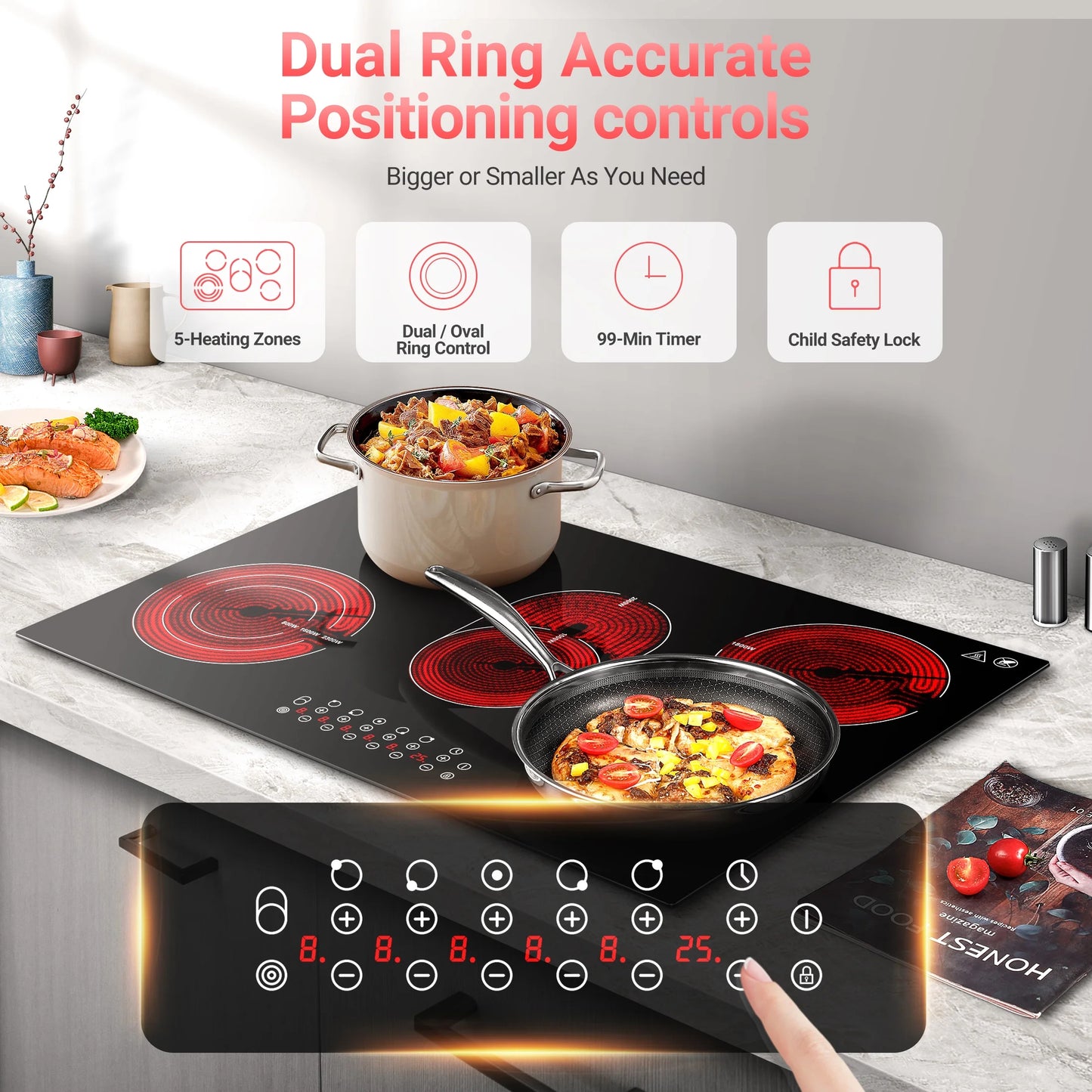 Sunmaki 30 Inch Electric Stove Cooktop 8500W Built-in Electric Stove Cooktop with 5 Burners, Sensor Touch Control Safety Lock,220-240v, Hard Wire, No Plug