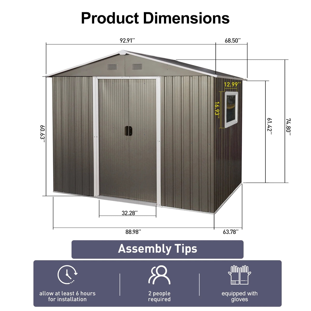 8ft x 6ft Outdoor Metal Storage Shed with Window Grey DIY assembly with pre-cut