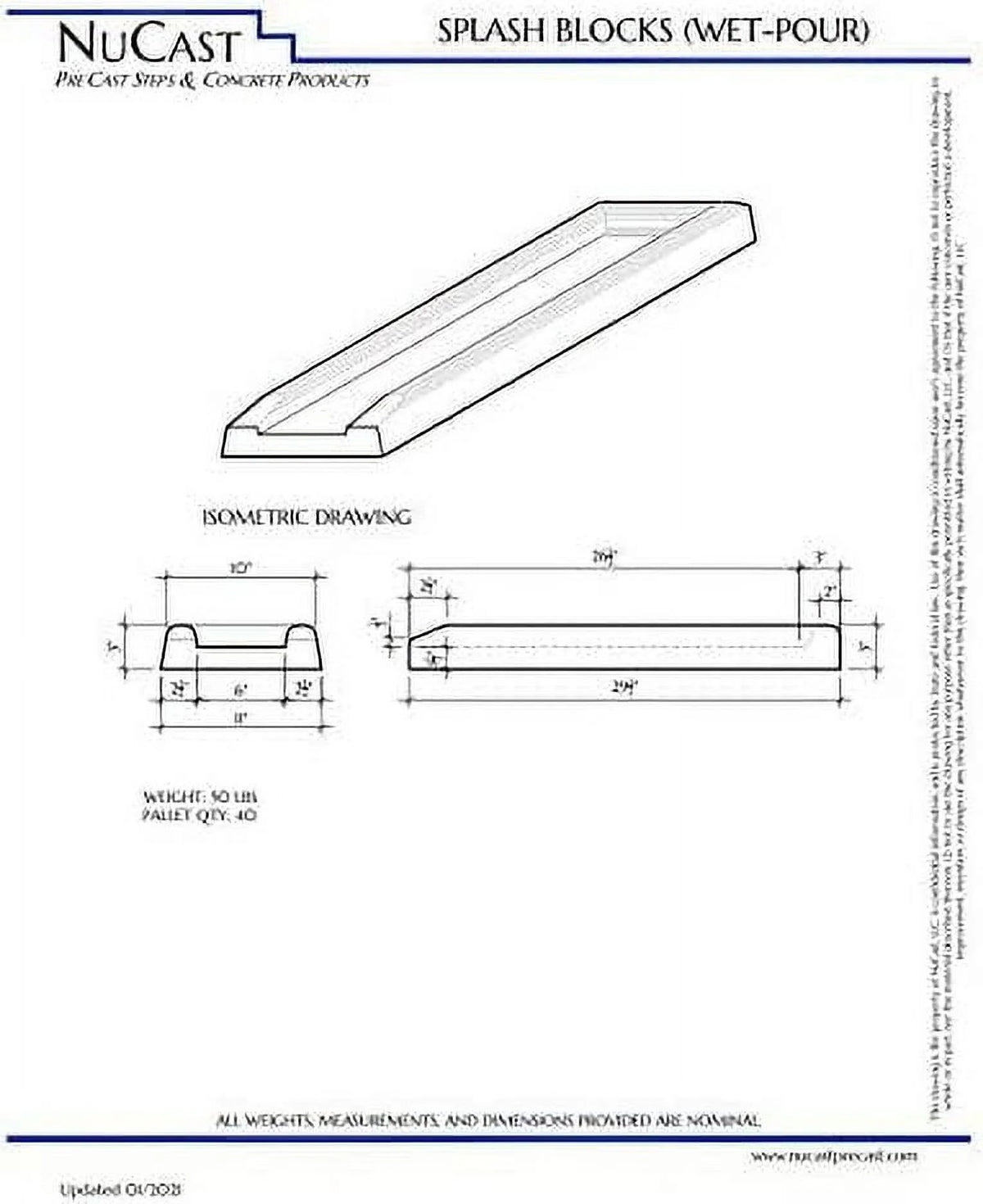 NuCast Precast Concrete Splash Block for Water and Rain Drainage from Home, Gutter, Downspout 3" high x 11" wide x 30" long Solid Concrete
