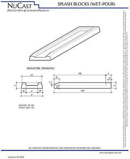 NuCast Precast Concrete Splash Block for Water and Rain Drainage from Home, Gutter, Downspout 3" high x 11" wide x 30" long Solid Concrete