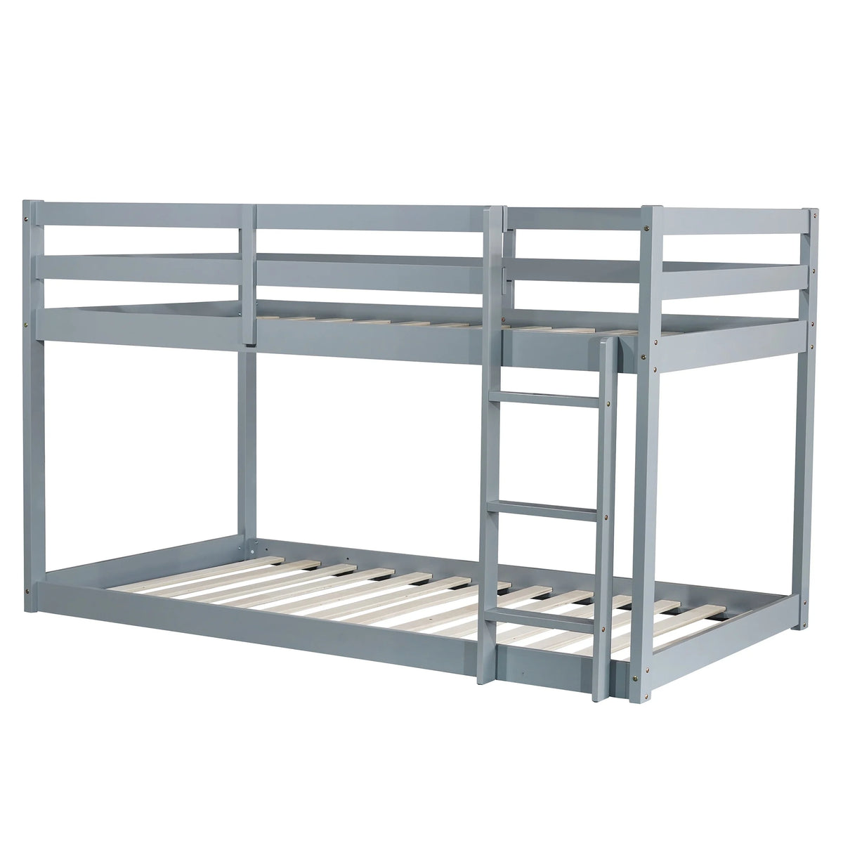 Twin Over Twin Floor Bunk Bed, UHOMEPRO Solid Wood Low Bunk Bed with Safety Rail, Ladder, Heavy Duty Bunk Beds, Space-Saving Bedroom Dorm Furniture, Gray