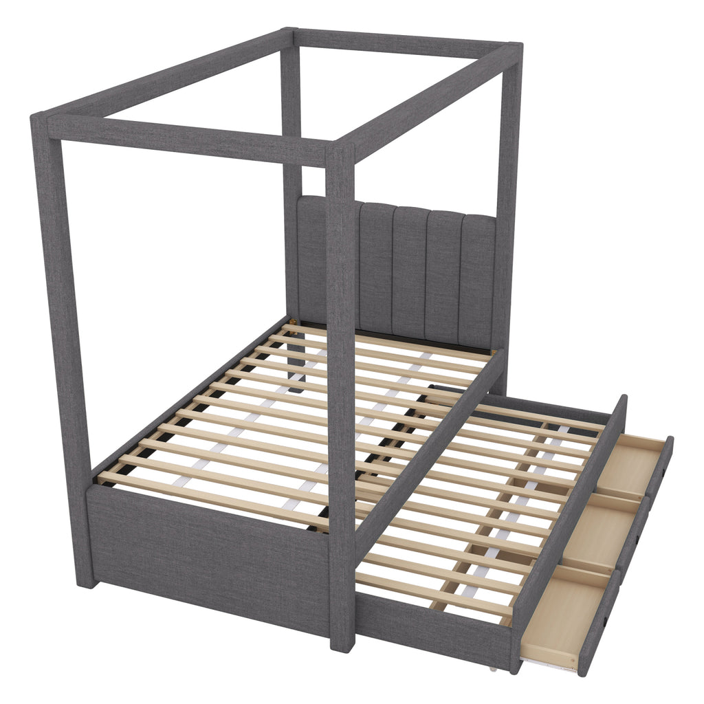 Harper & Bright Designs Twin Size Upholstery Canopy Platform Bed with Trundle and 3 Storage Drawers, Captain Platform Bed Frame with 4-Poster Canopy Roof, Beige