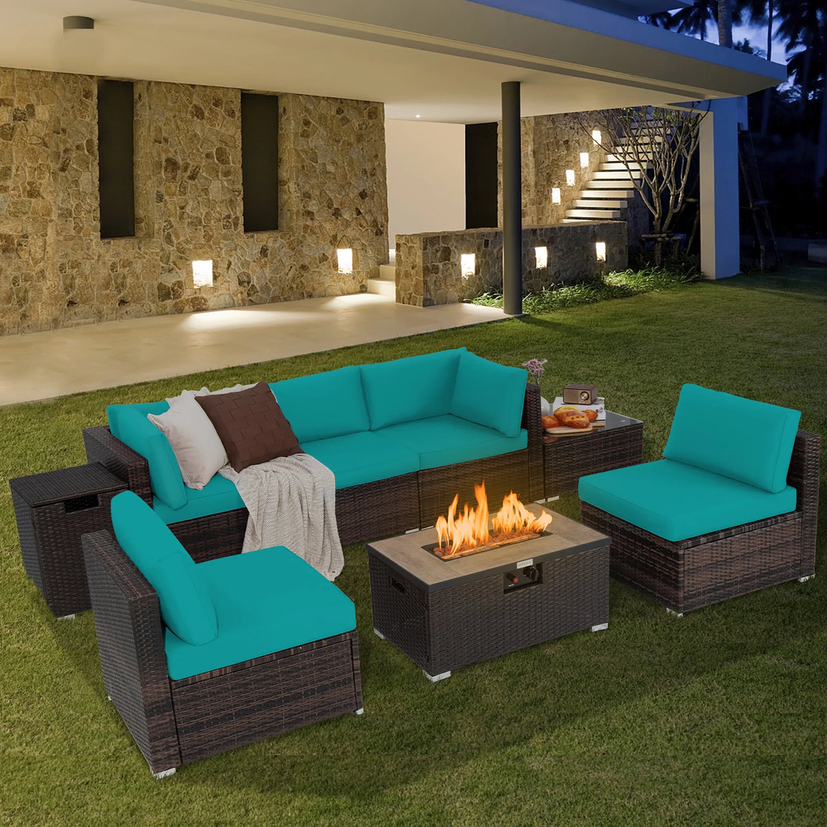 Costway 8PCS Patio Rattan Furniture Set Fire Pit Table Tank Holder Cover Deck Black