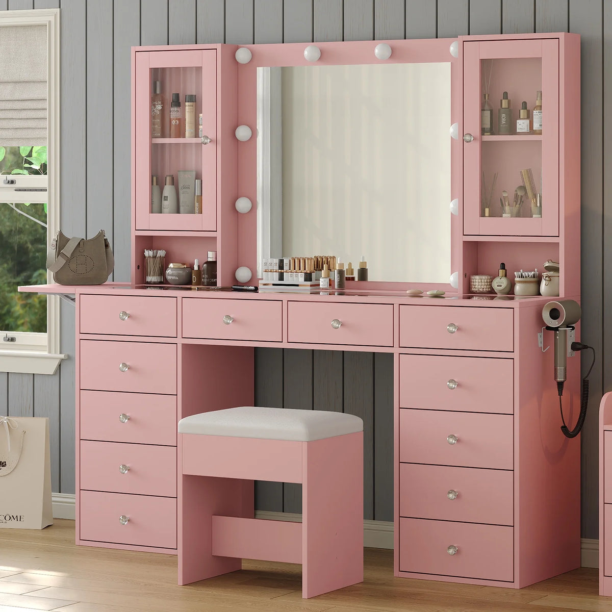 Vanity With Power Outlet, Vanity Desk With Mirror And 10 LED Lights, Makeup Vanity With 12 Drawers And 2 Cabinets, Fold-Up Panel, Glass Top Vanity Table With Chair For Bedroom