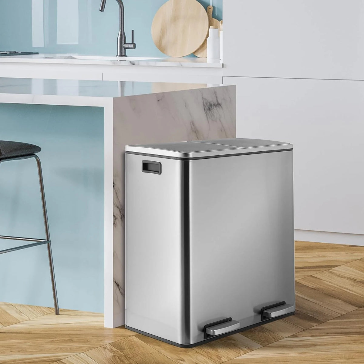 LAZY BUDDY Dual Garbage Can, Stainless Steel 16 Gallon Step Kitchen Trash Can with Soft-Close Lid, Double Compartment Garbage Recycling Bin