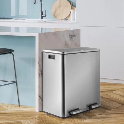 LAZY BUDDY Dual Garbage Can, Stainless Steel 16 Gallon Step Kitchen Trash Can with Soft-Close Lid, Double Compartment Garbage Recycling Bin