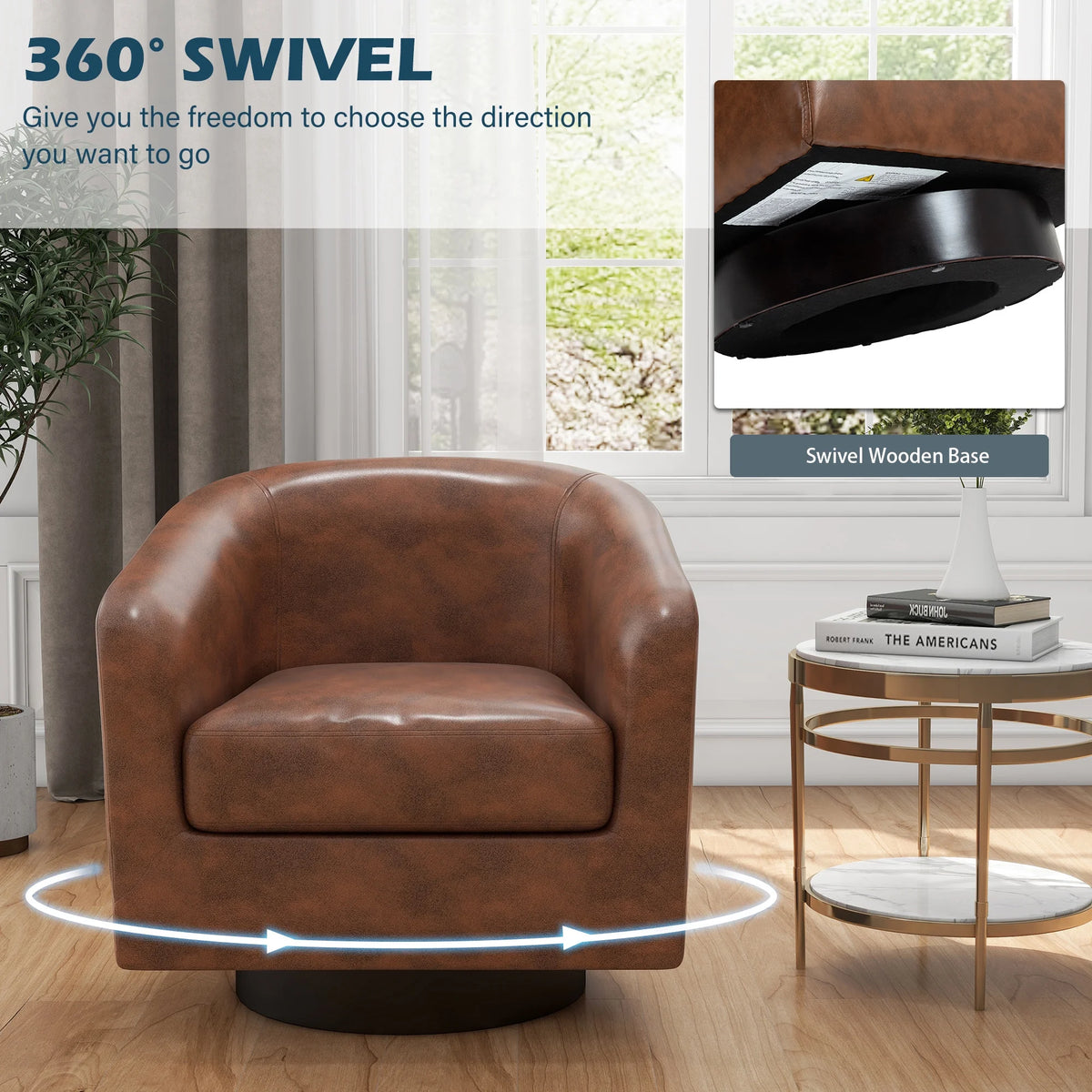 UIXE Swivel Accent Chair, Upholstered Fabric Barrel Chair for Living Room, Small Single Sofa Bedroom Reading Seat, Light Gray
