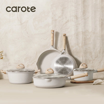 Carote Nonstick Cookware Set 21-Piece,Kitchen Pots and Pans Set,Stay-Cool Handles, Induction Compatible,Cookware Set for RV and Camping,Beige