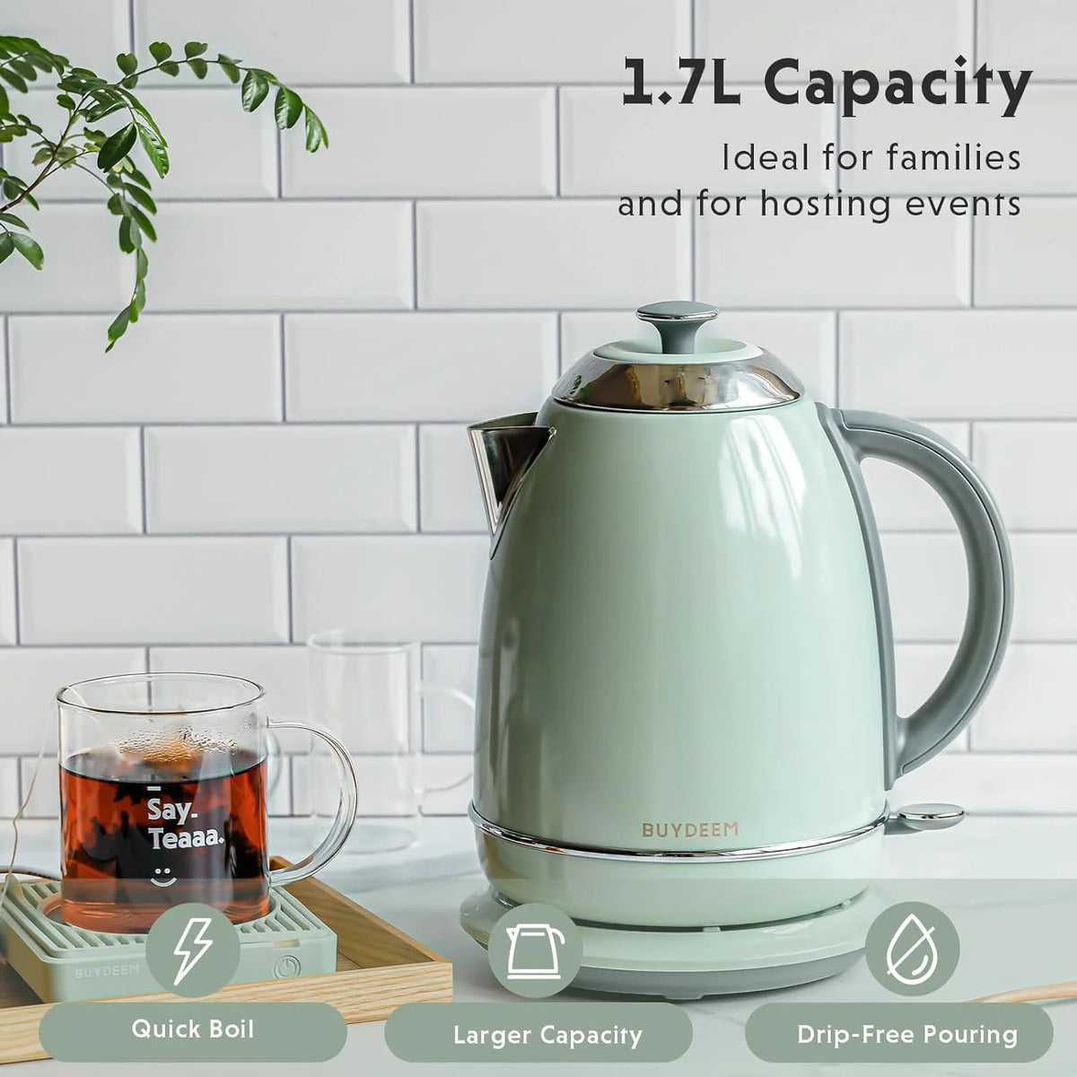 BUYDEEM K640N Stainless Steel Electric Kettle with Auto Shut-Off & Boil Dry Protection, 1.7L Cordless Hot Tea Water Boiler with Swivel Base, 1440W Fast Heating