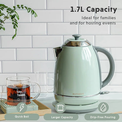 BUYDEEM K640N Stainless Steel Electric Kettle with Auto Shut-Off & Boil Dry Protection, 1.7L Cordless Hot Tea Water Boiler with Swivel Base, 1440W Fast Heating