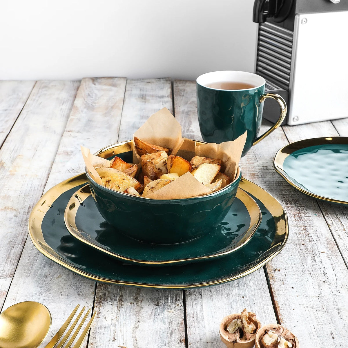 Stone Lain Florian Modern Porcelain Dish Set, 16-Piece Dishes for 4, Gold and Navy