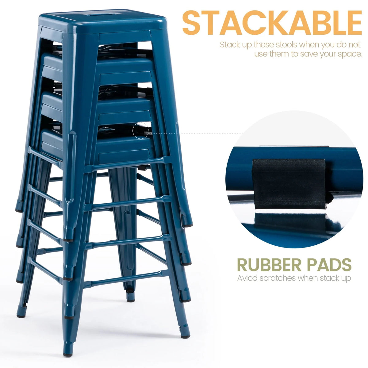 Brage Living Blue Backless Metal Bar Stools Indoor-Outdoor Counter Height Stool Backless Stackable Barstools Kitchen Counter Stools Chairs, Set of 4