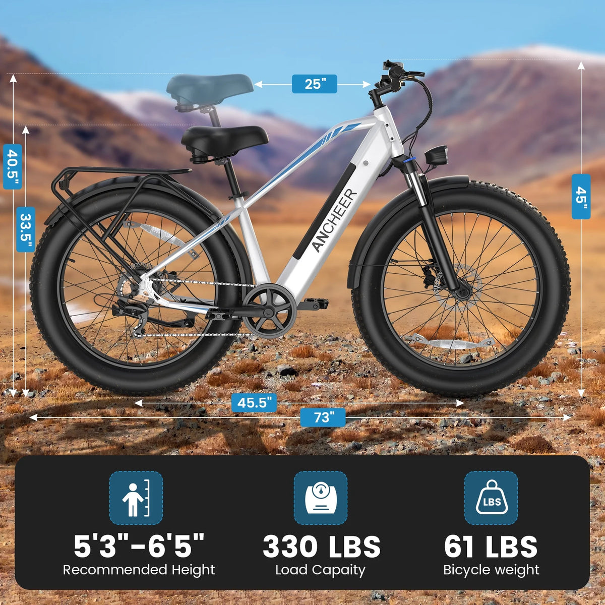 ANCHEER Electric Bike for Adults Peak 1000W Electric Bicycle 48V 15AH Battery Electric Bike 26" x 4.0" Fat Tire Mountain 28MPH 7 Speed Gears Electric Bike, Rear Rack,UL2849