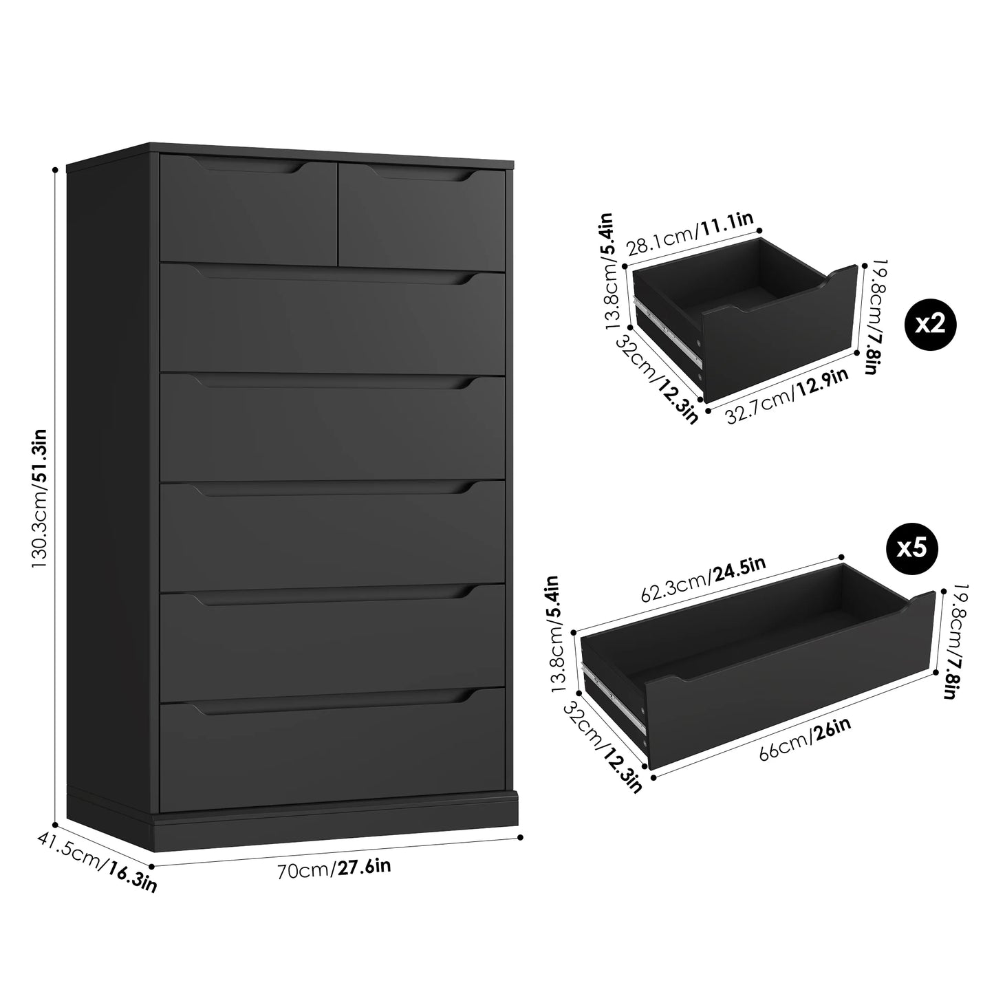 Homfa 7 Drawer White Dresser, 51.3"H Wood Storage Cabinet with Upgraded Stable Base, Vertical Chest for Bedroom Living Room