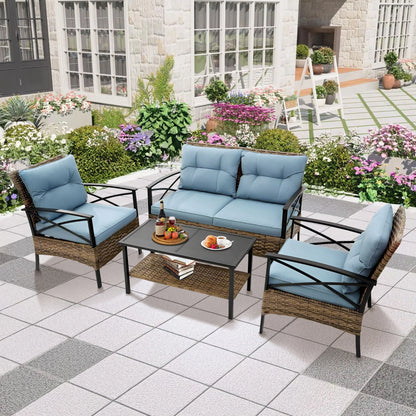 Heavy-duty Patio Furniture Set, 4 Piece Outdoor Sectional Conversation Sets, BrownPE Rattan Patio Sofa Set with Blue Cushions