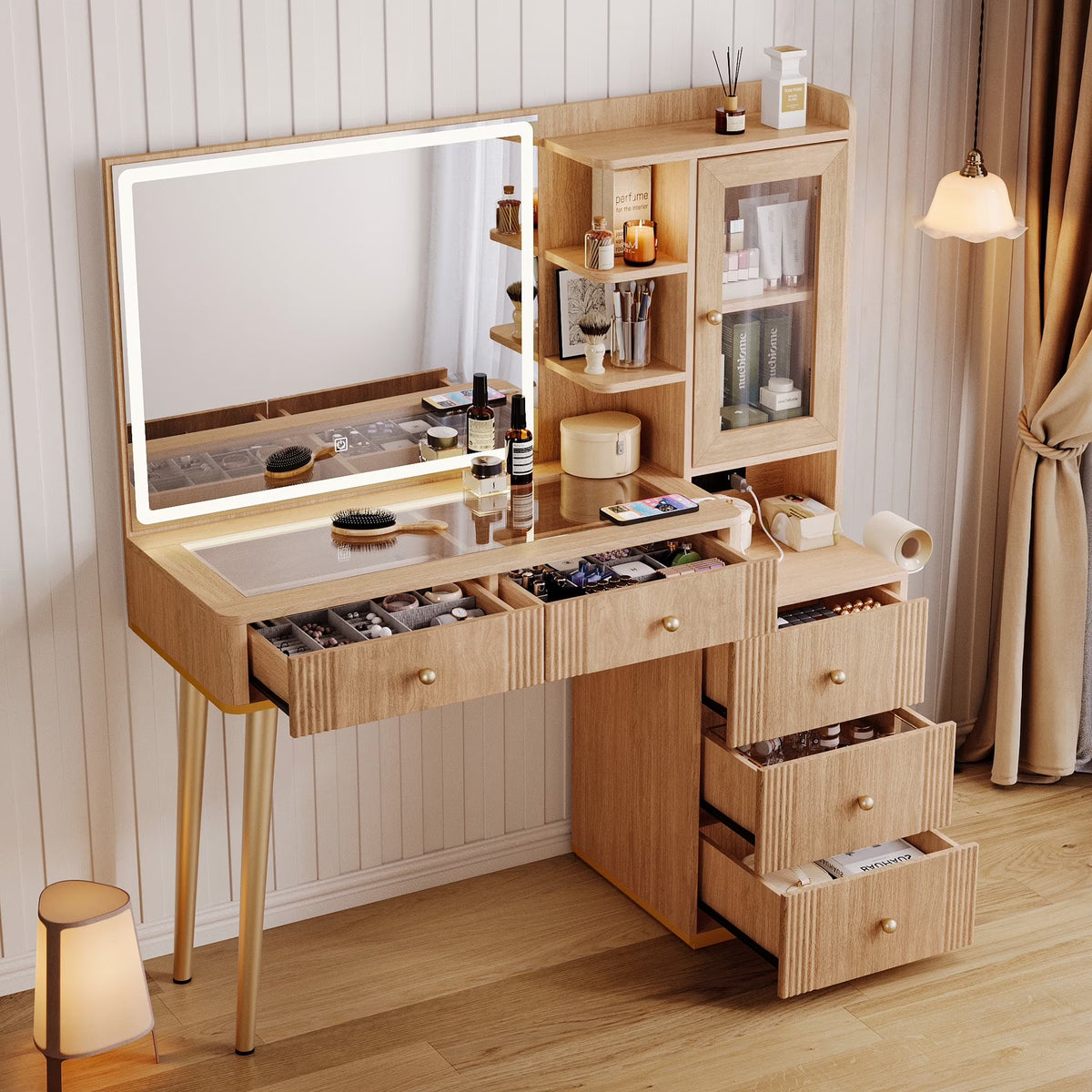 Linsy Home Large 47.2" Makeup Vanity With Mirror And 11 Lights, Glass Top Vanity Desk with 9 Drawers & 2 Adjustable Cabinets, Dressing Table with Charging Station & Hair Dryer Rack For Bedroom, White