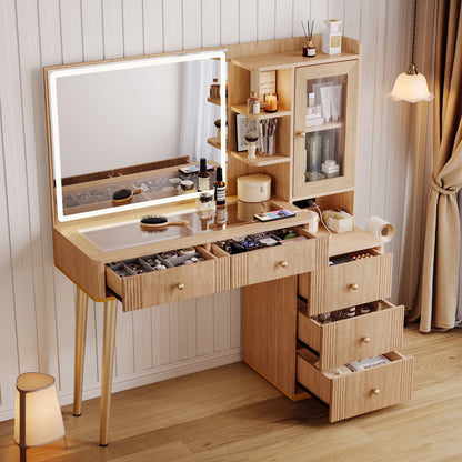 Linsy Home Large 47.2" Makeup Vanity With Mirror And 11 Lights, Glass Top Vanity Desk with 9 Drawers & 2 Adjustable Cabinets, Dressing Table with Charging Station & Hair Dryer Rack For Bedroom, White