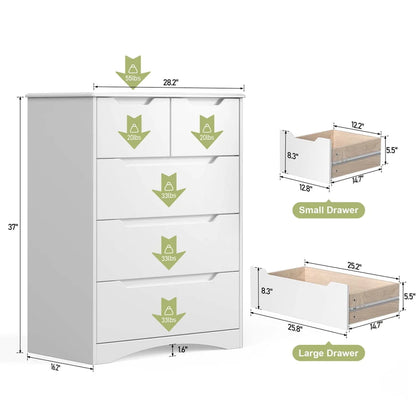Aiho 5 Drawer Dresser for Bedroom, Office, Living Room - White