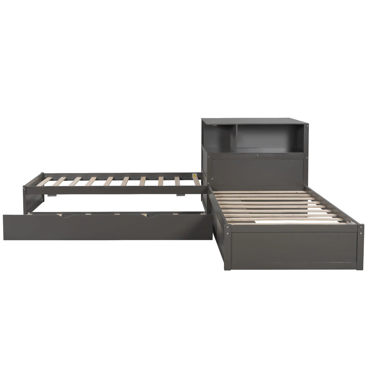 Euroco Pine Wood L-Shaped Twin Platform Bed with Storage Desk, Cabinets, Trundle and LED Light for Kids Teens, Gray