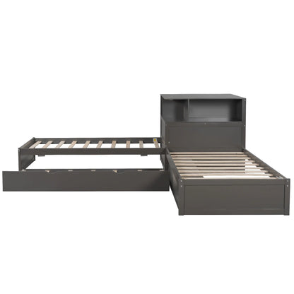 Euroco Pine Wood L-Shaped Twin Platform Bed with Storage Desk, Cabinets, Trundle and LED Light for Kids Teens, Gray