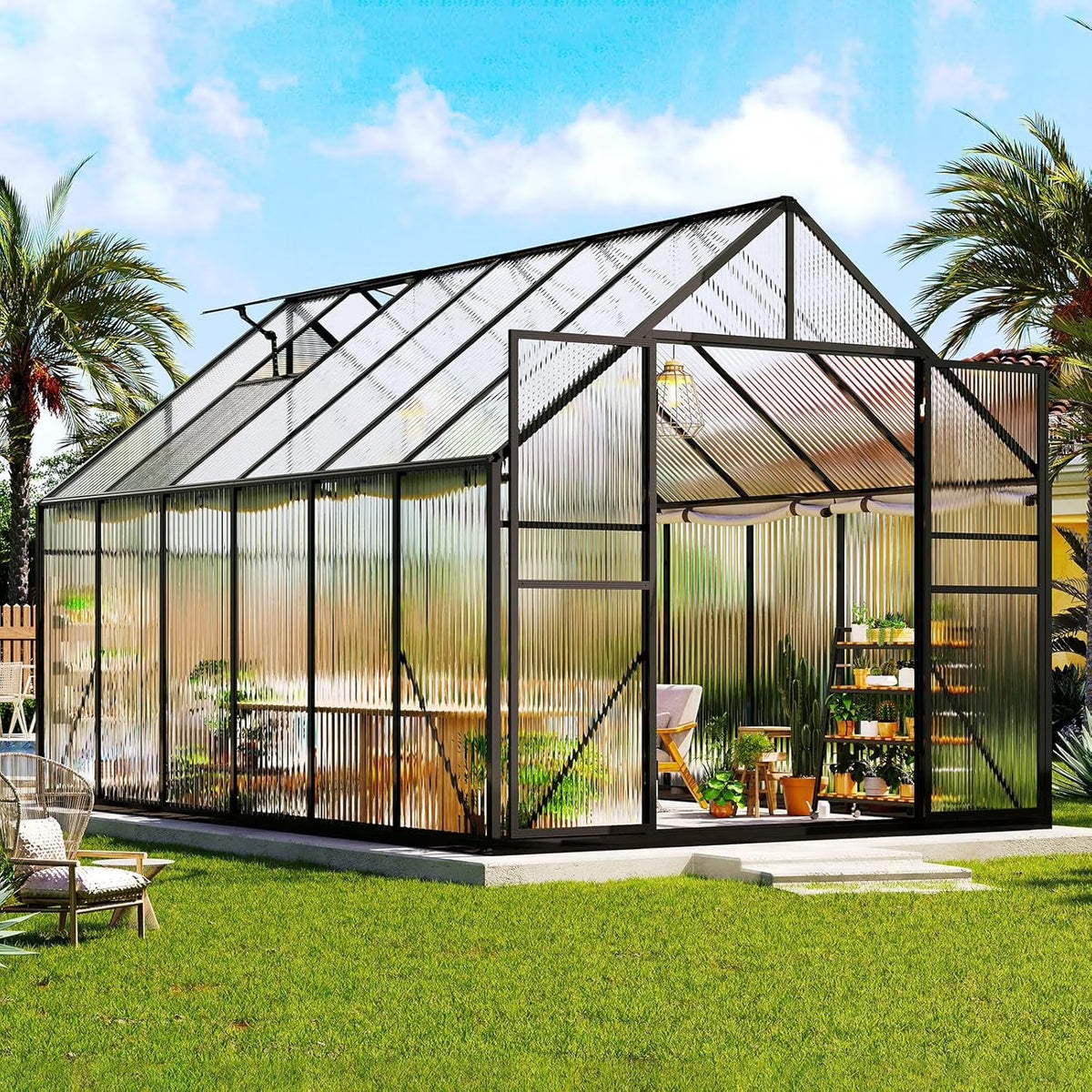 Jocisland 8x8x7 FT Polycarbonate Walk-In Greenhouse with Aluminum Frame, 2 Top-Opening Windows & 2 Swing Doors, Heavy Duty for Outdoor Garden Use, Black