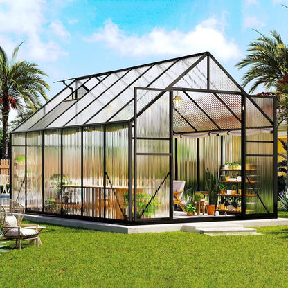 Jocisland 8x8x7 FT Polycarbonate Walk-In Greenhouse with Aluminum Frame, 2 Top-Opening Windows & 2 Swing Doors, Heavy Duty for Outdoor Garden Use, Black