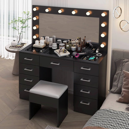 Ktaxon Large Makeup Vanity, Vanity Table Set w/ Visible Glass Top w/ Charging Station, White