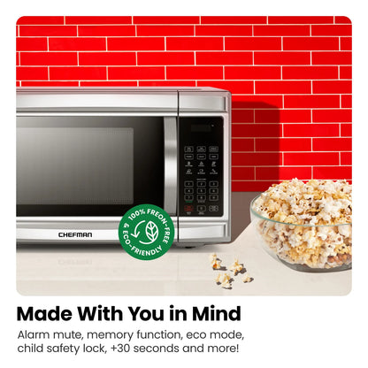 Chefman 0.9 Cu ft Countertop Microwave Oven, 900 Watts - Stainless Steel